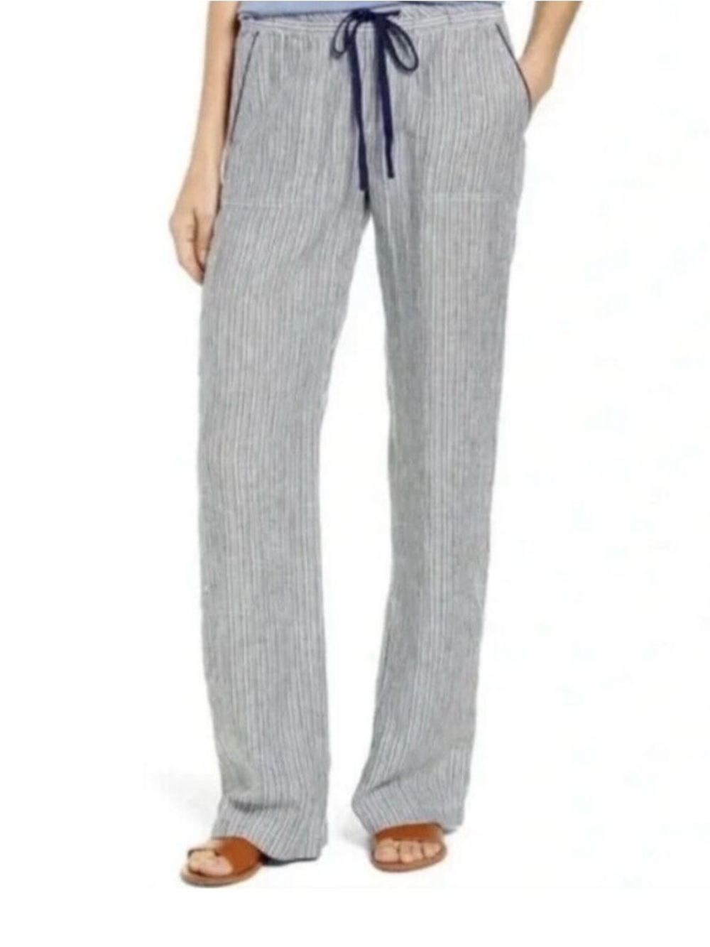 Caslon 100% Linen Blue Gray Striped Drawstring Wide-Leg Pants